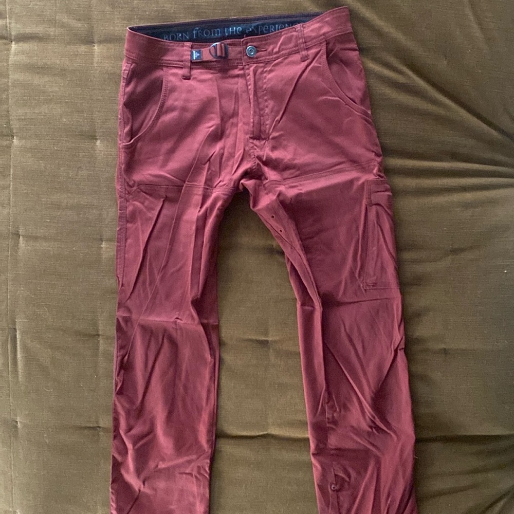 Mens Prana straight leg pants, size 28x34 in red, a few very small (2mm) tears